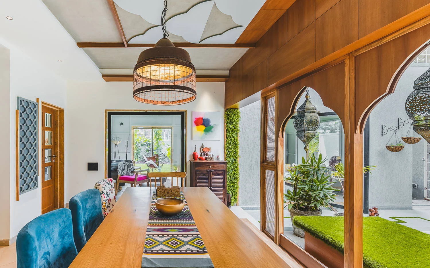Warm dining area with wood detailing