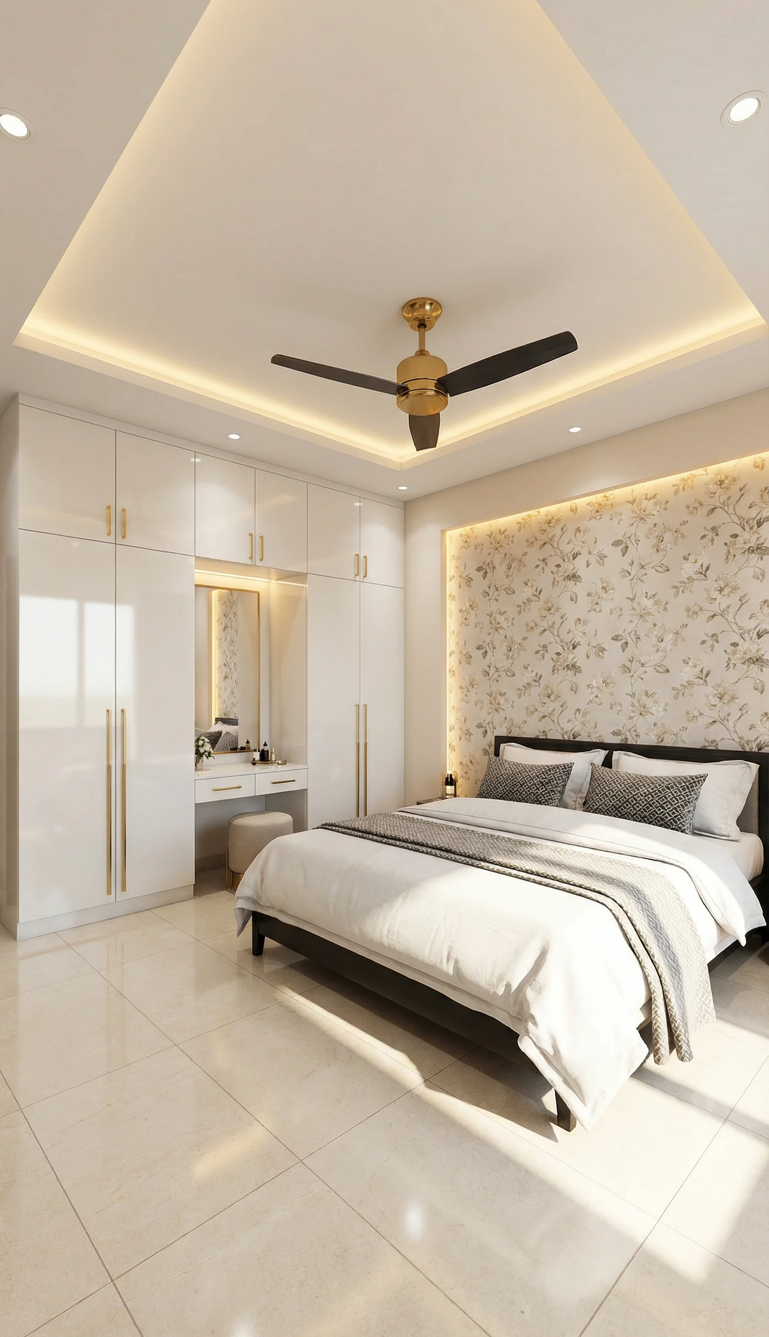 Soft-lit bedroom with wardrobe wall